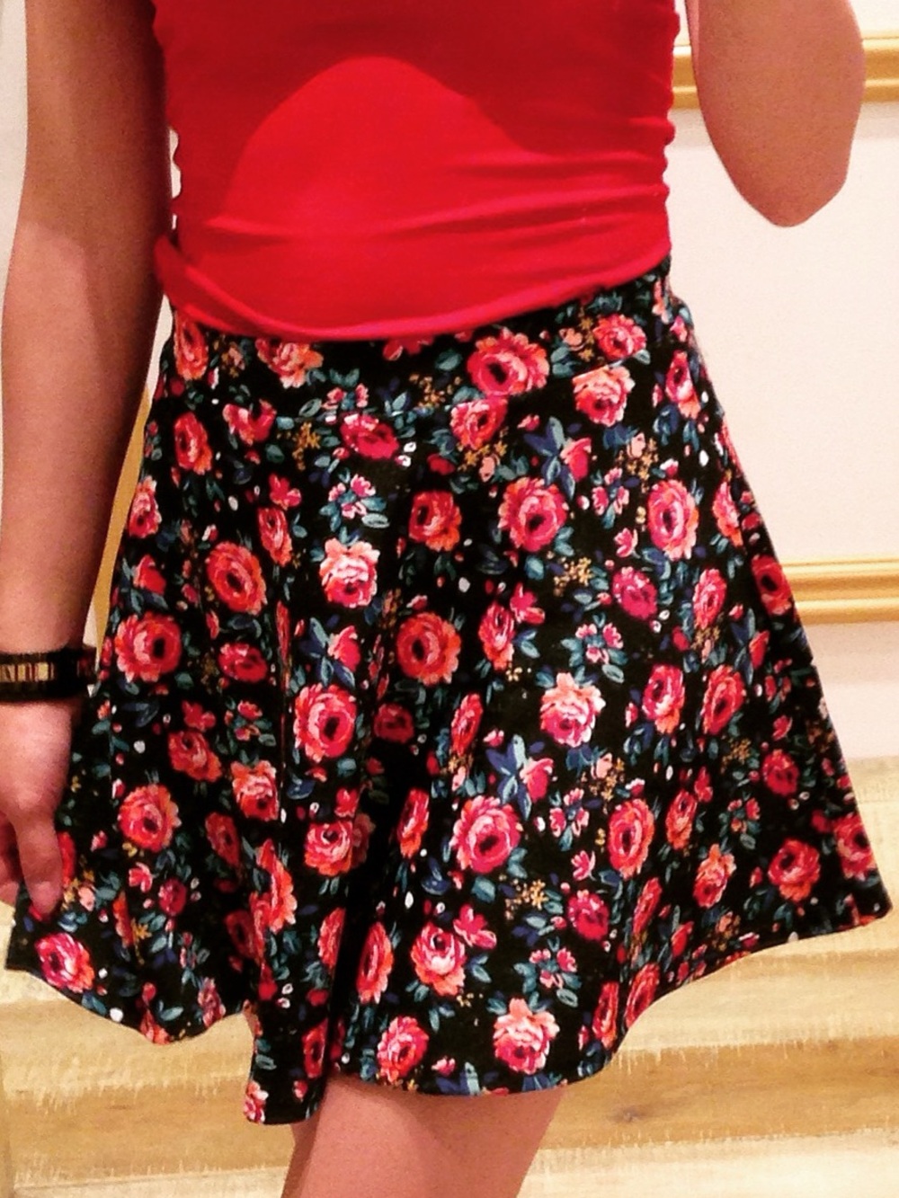 Forever 21 Black Skater Skirt with Pink Rose Floral Print